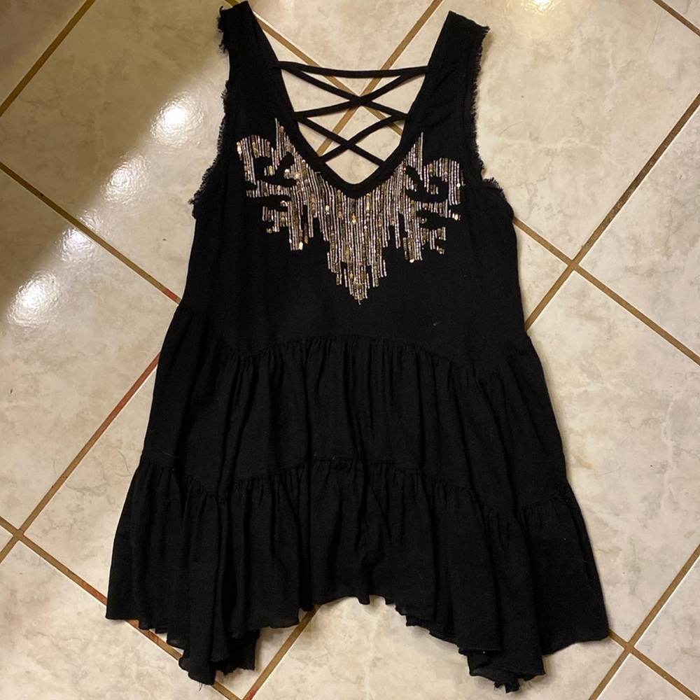 Free People Black Mini Dress with Metallic Accents
